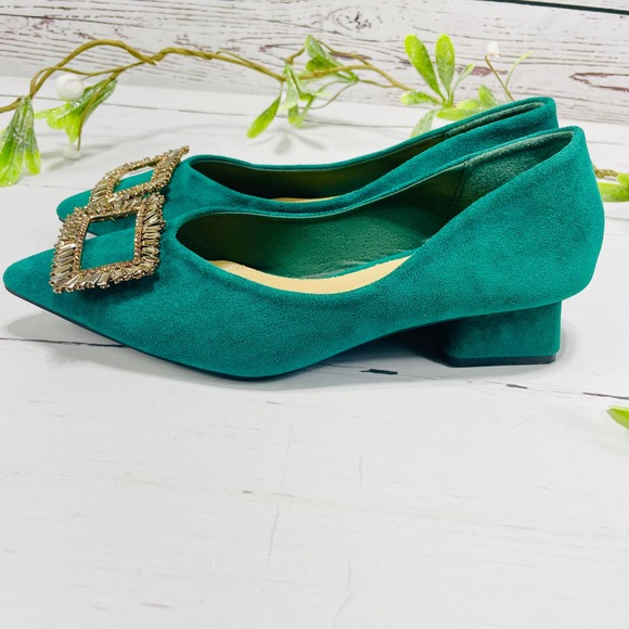 NEW C Paravano Hunter Green Block Heel Pointed Toe Flats with Embellished Buckle - Picture 7 of 12